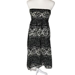 Tabitha Anthropologie Black White Medallion Strapless Cotton Midi Dress Size 2